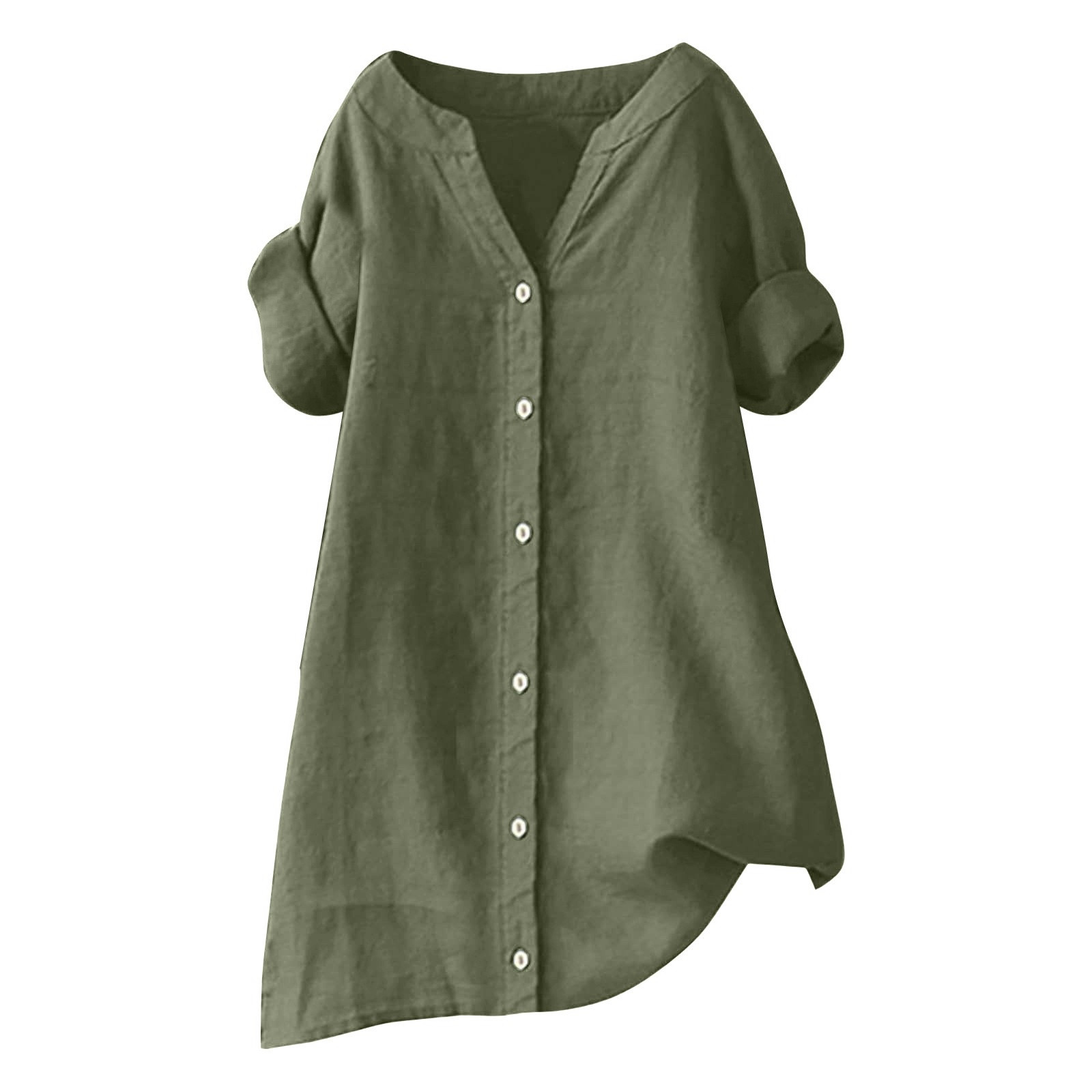 thumbnail image 4 of Camisa de lino para mujer: talla grande, manga corta, cuello en V, color liso, 4 of 4